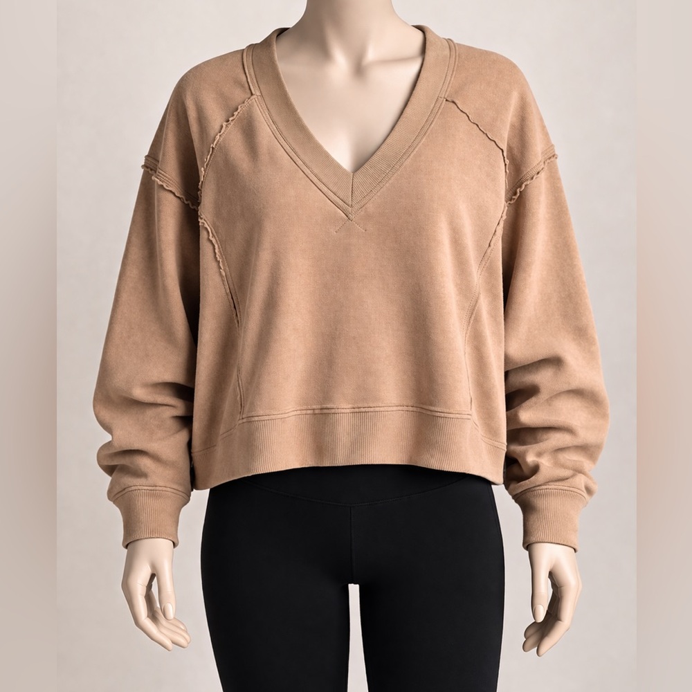 Caramel Oversized Cropped Sweatshirt Raw Hem Zip Sleeve Neutral Cozy L